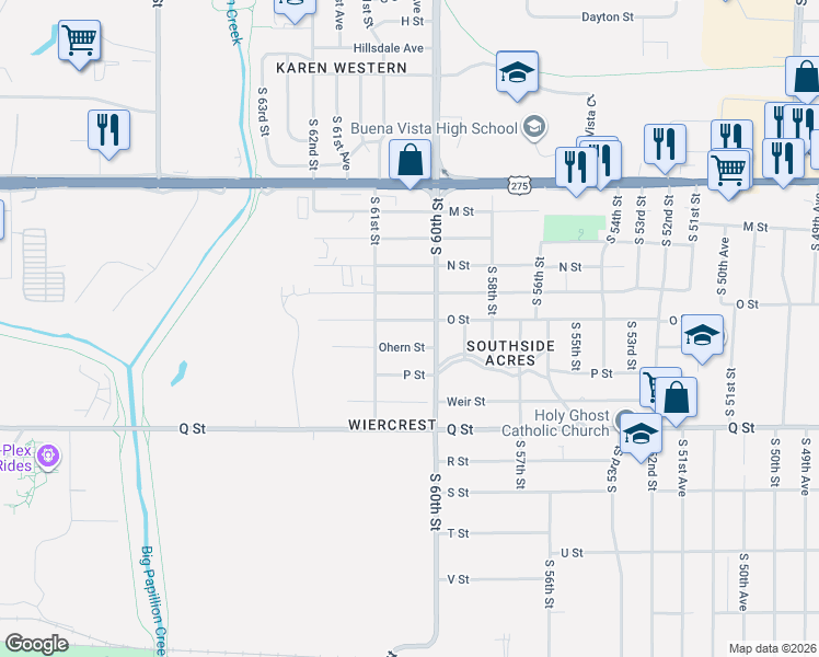map of restaurants, bars, coffee shops, grocery stores, and more near 6014 Ohern Street in Omaha