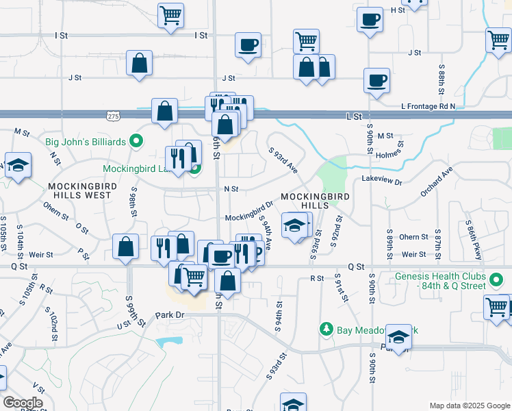 map of restaurants, bars, coffee shops, grocery stores, and more near 9462 Mockingbird Drive in Omaha