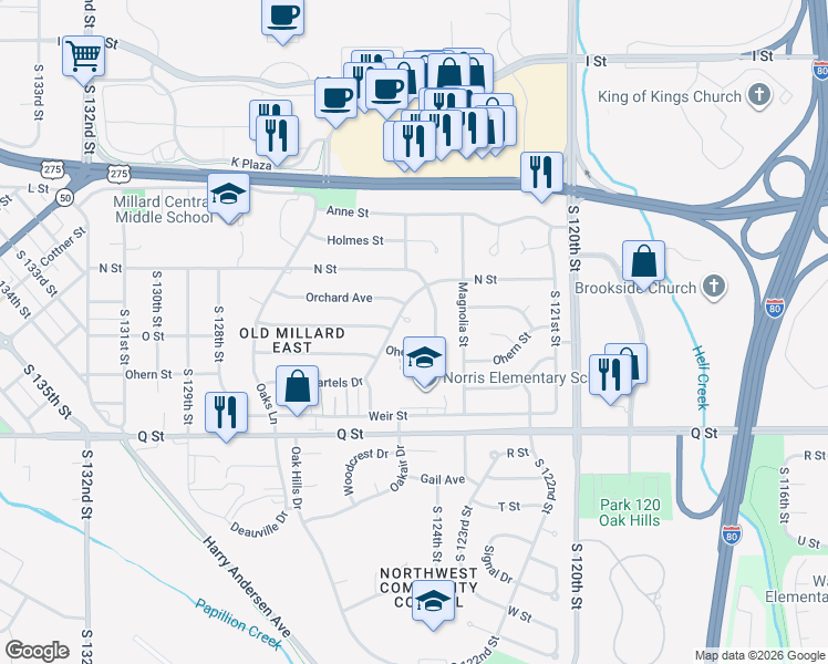 map of restaurants, bars, coffee shops, grocery stores, and more near 5010 South 124th Street in Omaha