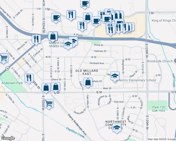 map of restaurants, bars, coffee shops, grocery stores, and more near 12623 O Street in Omaha