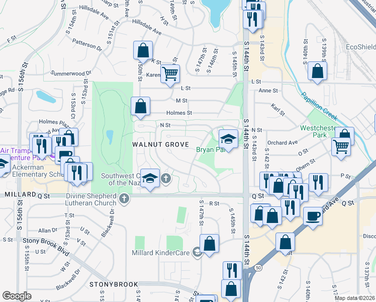 map of restaurants, bars, coffee shops, grocery stores, and more near 14727 O Circle in Omaha