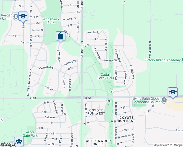 map of restaurants, bars, coffee shops, grocery stores, and more near 4961 South 190th Avenue in Omaha