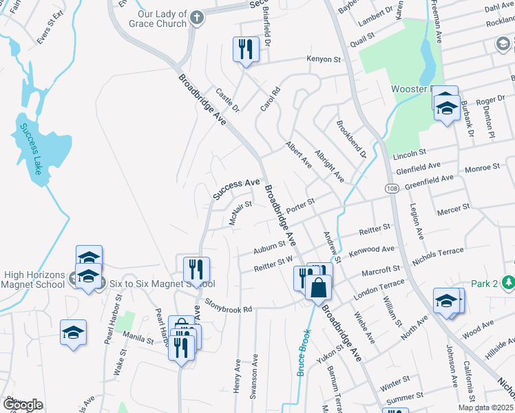 map of restaurants, bars, coffee shops, grocery stores, and more near 61 McNair Street in Stratford
