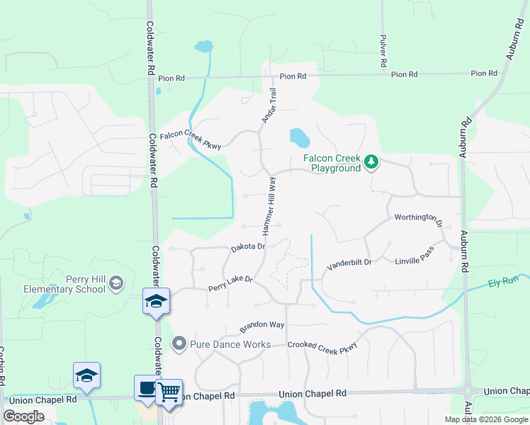 map of restaurants, bars, coffee shops, grocery stores, and more near 13515 Hammer Hill Way in Fort Wayne