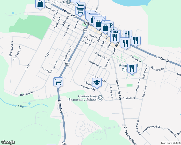 map of restaurants, bars, coffee shops, grocery stores, and more near 182-252 South 7th Avenue in Clarion