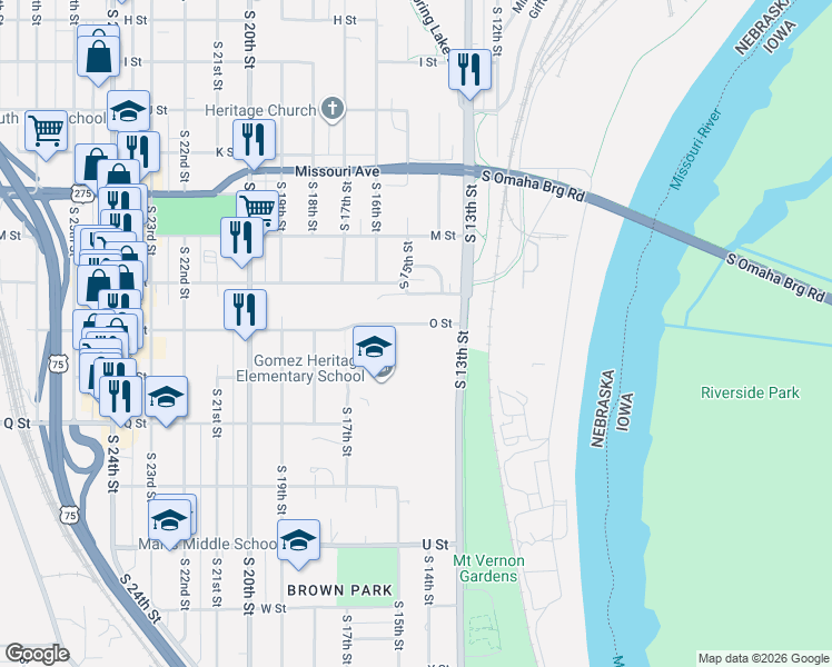 map of restaurants, bars, coffee shops, grocery stores, and more near 1416 O Street in Omaha