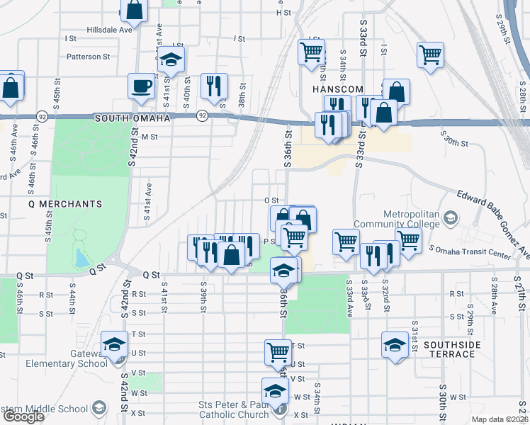 map of restaurants, bars, coffee shops, grocery stores, and more near 5026 South 36th Avenue in Omaha