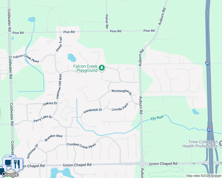 map of restaurants, bars, coffee shops, grocery stores, and more near 1903 Worthington Drive in Fort Wayne
