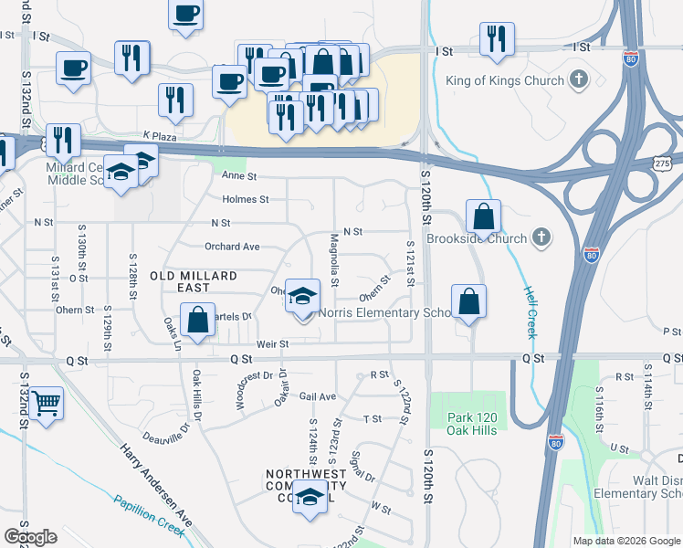 map of restaurants, bars, coffee shops, grocery stores, and more near 5006 Magnolia Street in Omaha