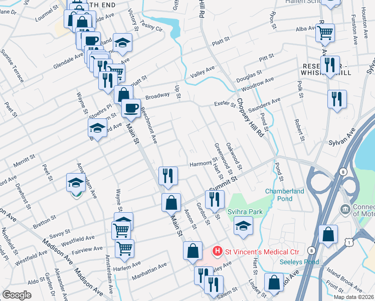 map of restaurants, bars, coffee shops, grocery stores, and more near 30 Stevens Street in Bridgeport