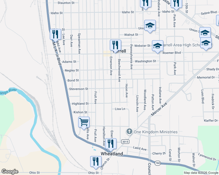 map of restaurants, bars, coffee shops, grocery stores, and more near 391 Emerson Avenue in Farrell