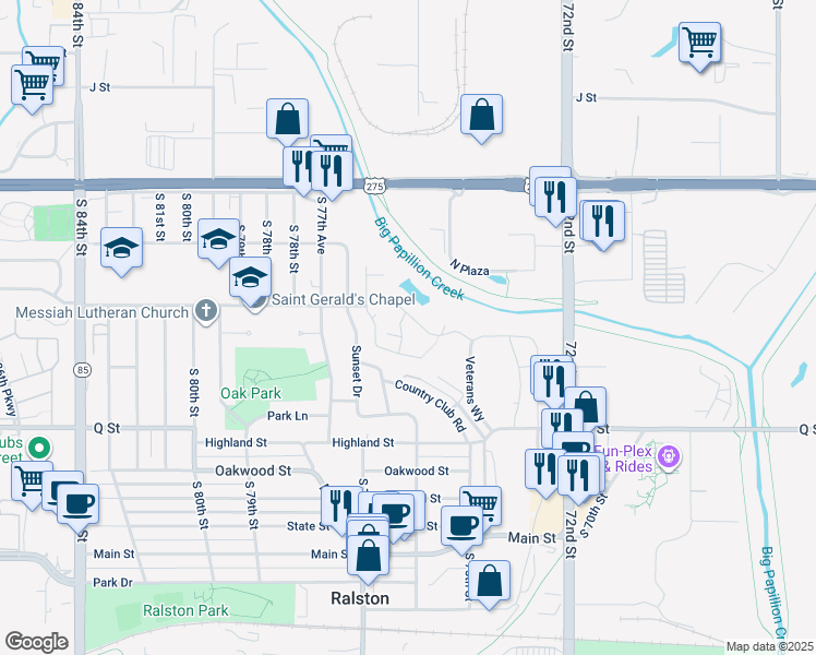 map of restaurants, bars, coffee shops, grocery stores, and more near 7471 Lakeview Street in Ralston