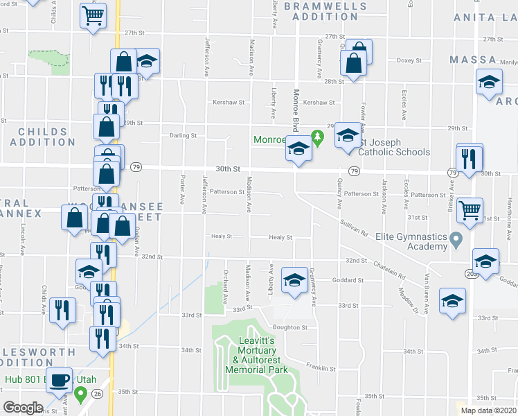 map of restaurants, bars, coffee shops, grocery stores, and more near 725 31st Street in Ogden