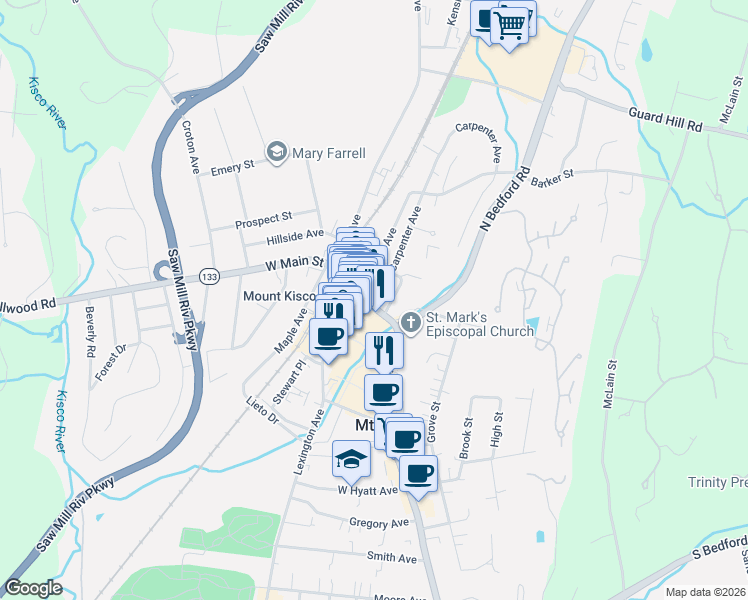 map of restaurants, bars, coffee shops, grocery stores, and more near 5 South Moger Avenue in Mount Kisco