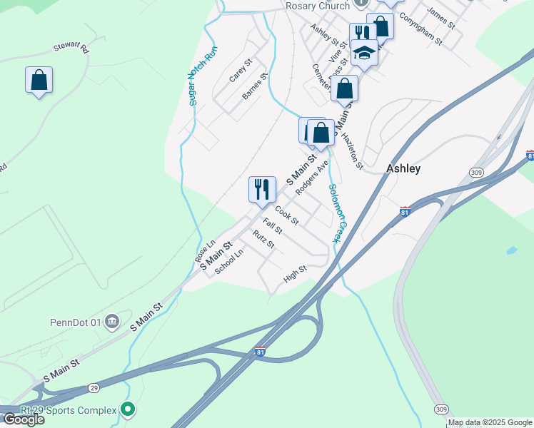 map of restaurants, bars, coffee shops, grocery stores, and more near 11 Cook St in Ashley