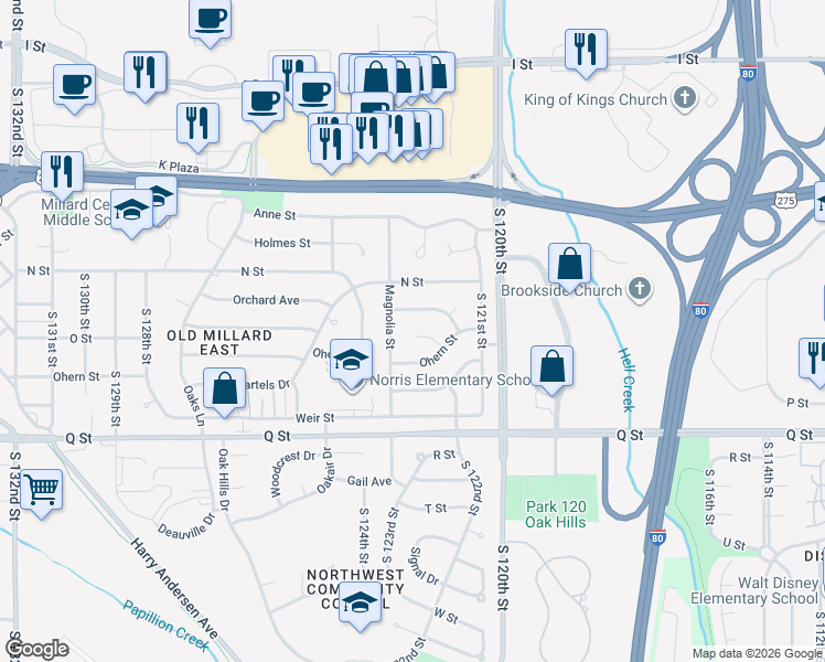 map of restaurants, bars, coffee shops, grocery stores, and more near 12217 Kuehl Circle in Omaha