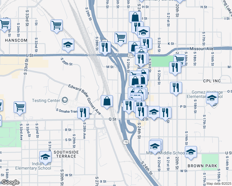 map of restaurants, bars, coffee shops, grocery stores, and more near 2900 O Street in Omaha