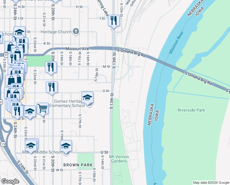 map of restaurants, bars, coffee shops, grocery stores, and more near 5600 South 10th Street in Omaha
