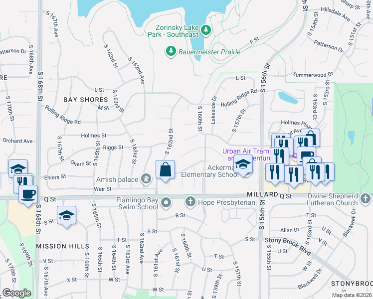 map of restaurants, bars, coffee shops, grocery stores, and more near 15928 O Circle in Omaha