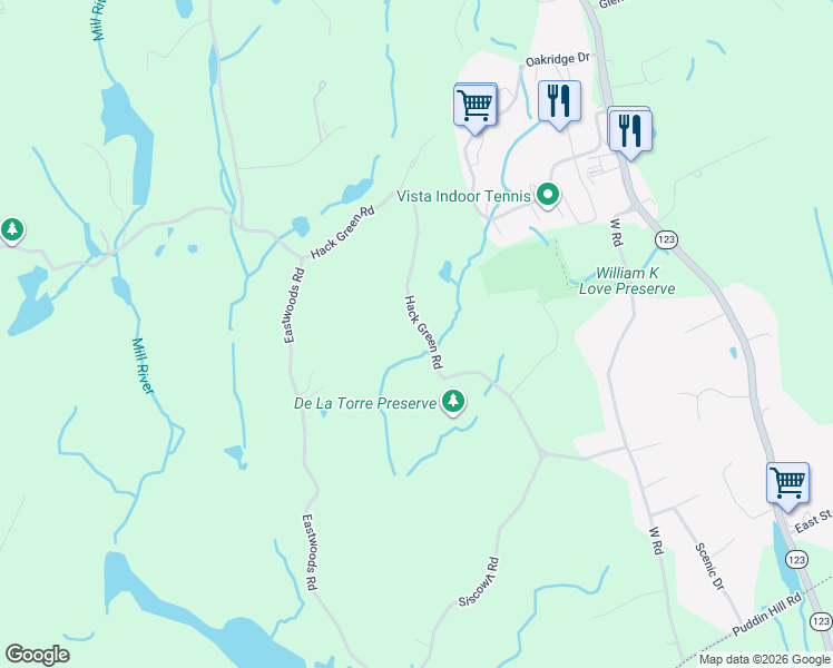 map of restaurants, bars, coffee shops, grocery stores, and more near 53 Hack Green Road in Pound Ridge
