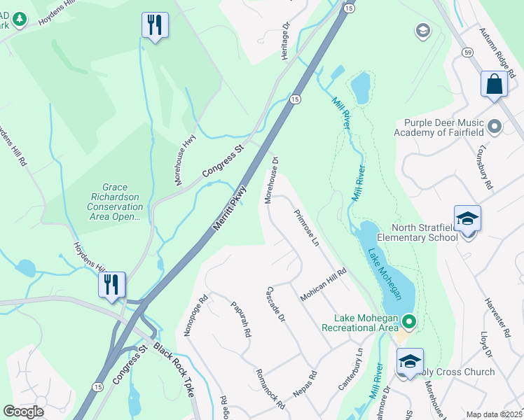 map of restaurants, bars, coffee shops, grocery stores, and more near 145 Morehouse Drive in Fairfield