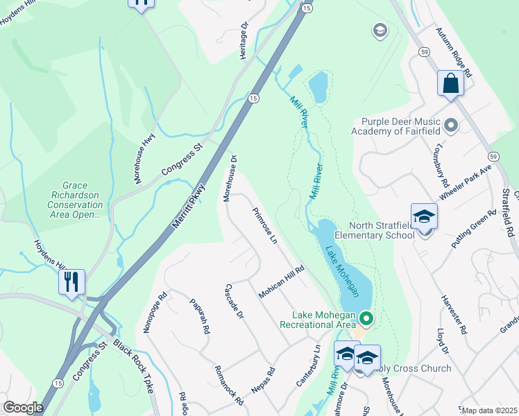 map of restaurants, bars, coffee shops, grocery stores, and more near 150 Primrose Lane in Fairfield
