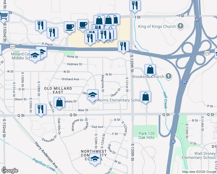 map of restaurants, bars, coffee shops, grocery stores, and more near 12217 Kuehl Circle in Omaha