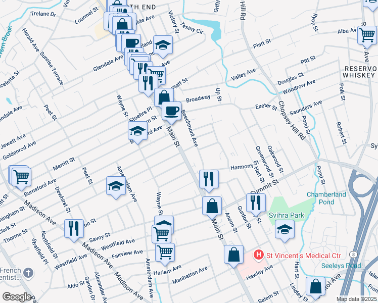 map of restaurants, bars, coffee shops, grocery stores, and more near 3401 Main Street in Bridgeport