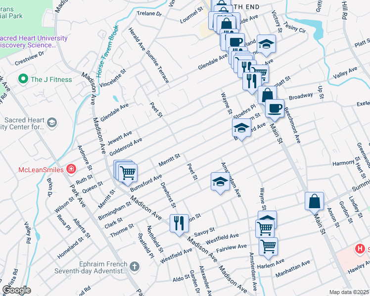 map of restaurants, bars, coffee shops, grocery stores, and more near 416 Merritt Street in Bridgeport