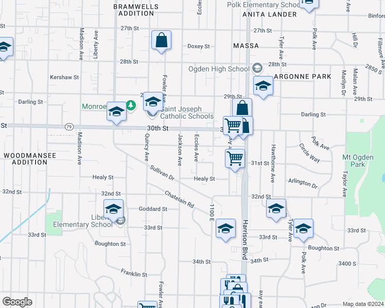 map of restaurants, bars, coffee shops, grocery stores, and more near 3080 Eccles Avenue in Ogden