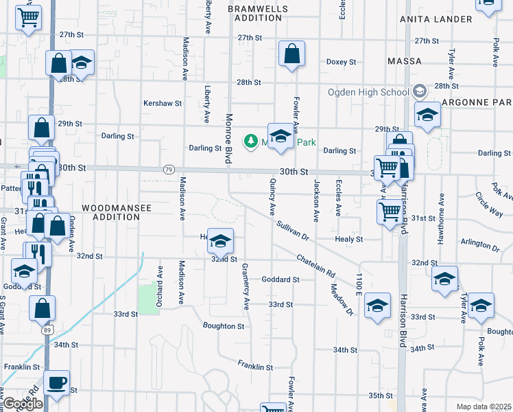 map of restaurants, bars, coffee shops, grocery stores, and more near 3092 Gramercy Avenue in Ogden