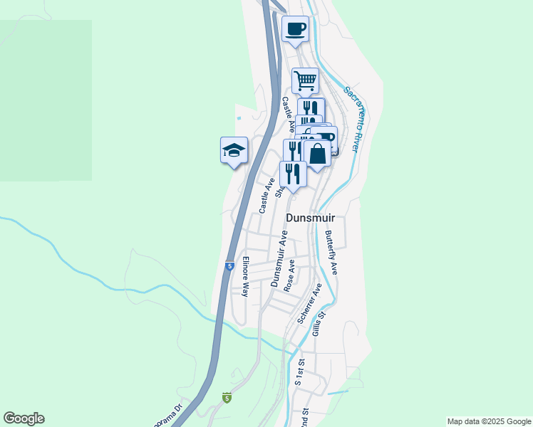map of restaurants, bars, coffee shops, grocery stores, and more near 4303 Oak Street in Dunsmuir