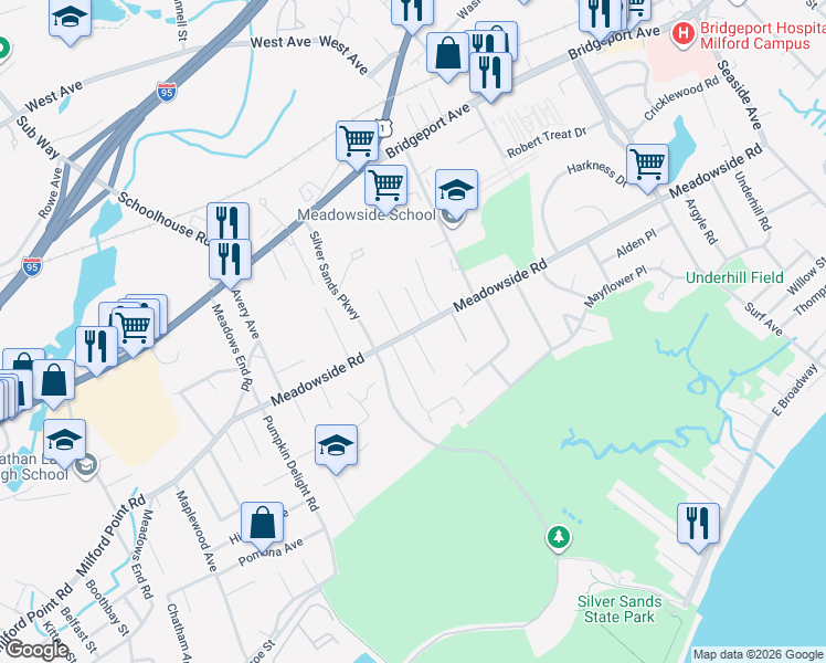 map of restaurants, bars, coffee shops, grocery stores, and more near 12 Great Meadow Road in Milford