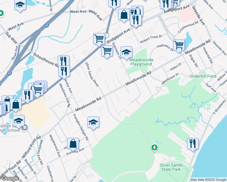 map of restaurants, bars, coffee shops, grocery stores, and more near 12 Great Meadow Road in Milford