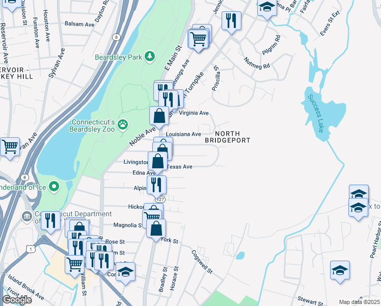 map of restaurants, bars, coffee shops, grocery stores, and more near 158 Ohio Avenue in Bridgeport
