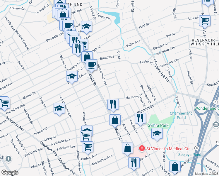map of restaurants, bars, coffee shops, grocery stores, and more near 184 Beechmont Avenue in Bridgeport
