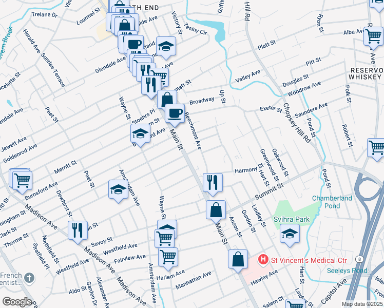 map of restaurants, bars, coffee shops, grocery stores, and more near 3401 Main Street in Bridgeport
