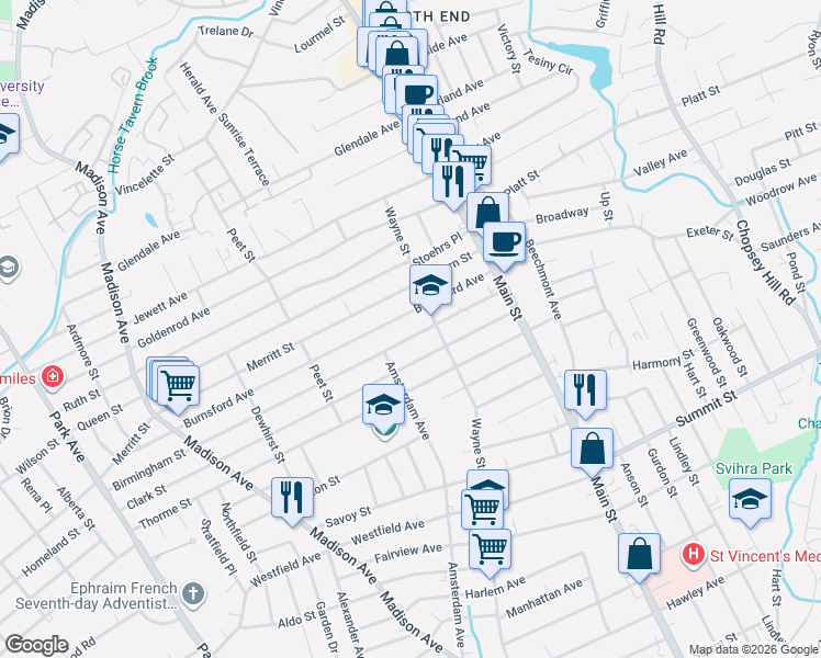 map of restaurants, bars, coffee shops, grocery stores, and more near in Bridgeport