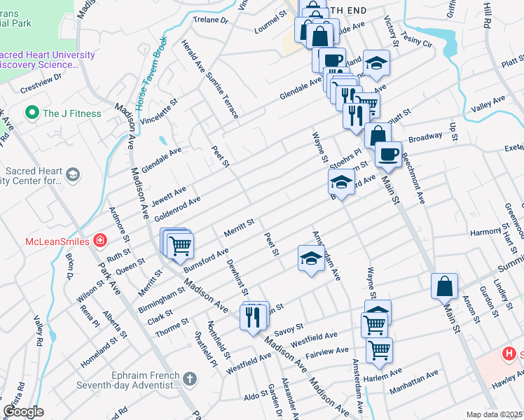 map of restaurants, bars, coffee shops, grocery stores, and more near 416 Merritt Street in Bridgeport