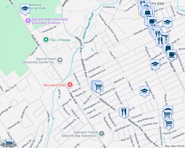 map of restaurants, bars, coffee shops, grocery stores, and more near 721 Goldenrod Avenue in Bridgeport