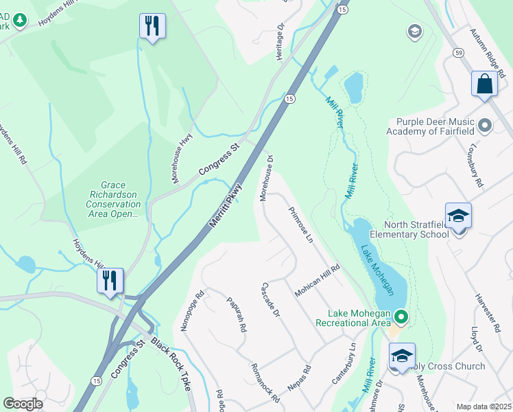 map of restaurants, bars, coffee shops, grocery stores, and more near 145 Morehouse Drive in Fairfield