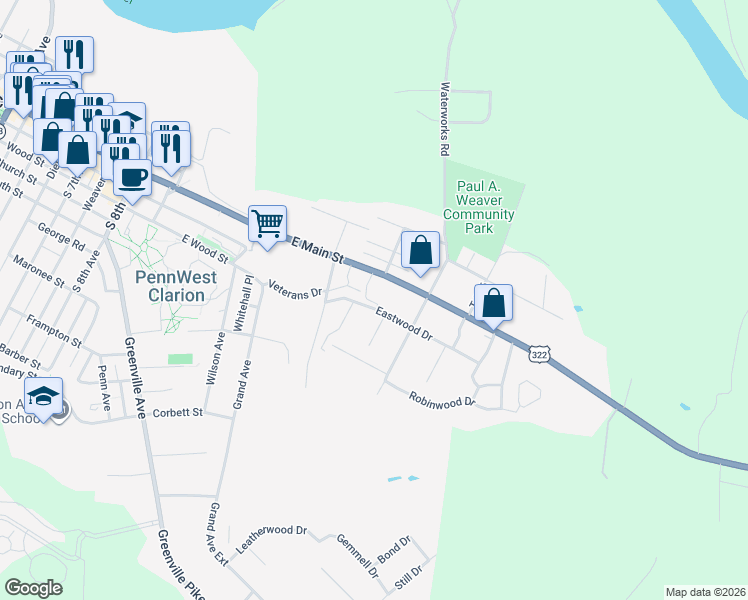 map of restaurants, bars, coffee shops, grocery stores, and more near 1276 Eastwood Drive in Clarion