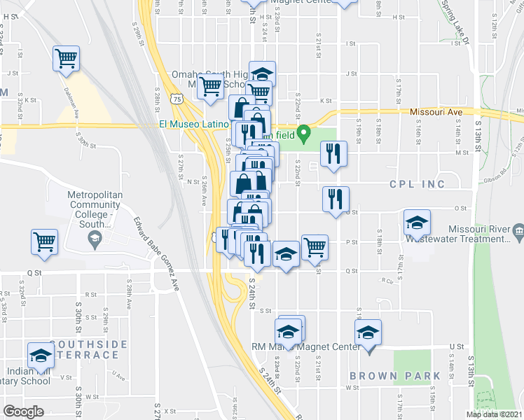 map of restaurants, bars, coffee shops, grocery stores, and more near 2311 O Street in Omaha