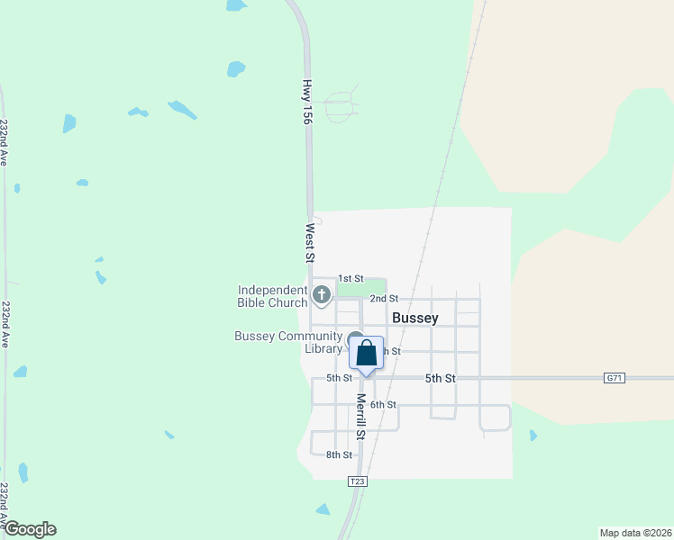 map of restaurants, bars, coffee shops, grocery stores, and more near 201 1st Street in Bussey