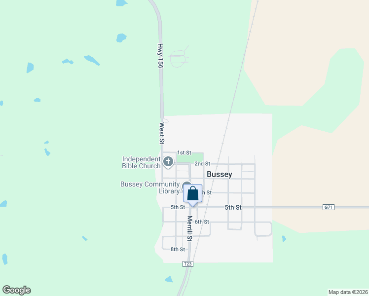 map of restaurants, bars, coffee shops, grocery stores, and more near 201 1st Street in Bussey