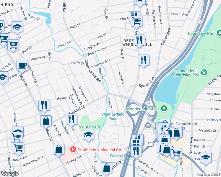 map of restaurants, bars, coffee shops, grocery stores, and more near 315 Chamberlain Avenue in Bridgeport