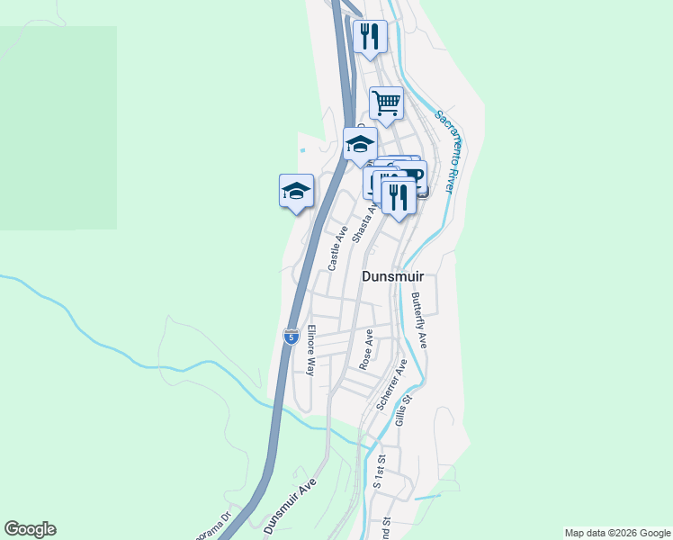 map of restaurants, bars, coffee shops, grocery stores, and more near 4303 Oak Street in Dunsmuir