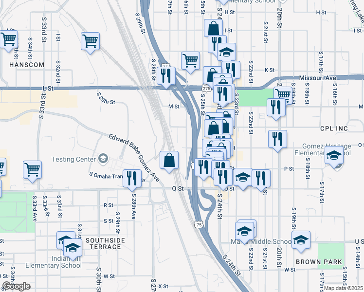 map of restaurants, bars, coffee shops, grocery stores, and more near 2900 O Street in Omaha