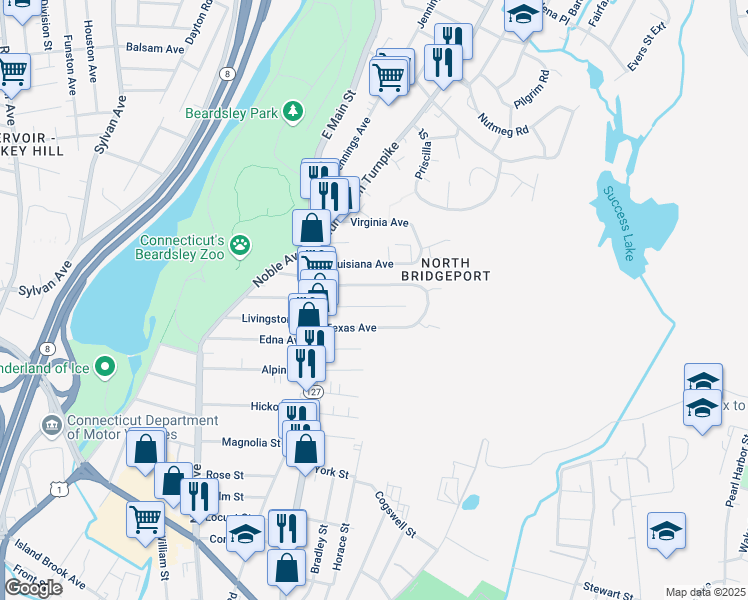 map of restaurants, bars, coffee shops, grocery stores, and more near 158 Ohio Avenue in Bridgeport