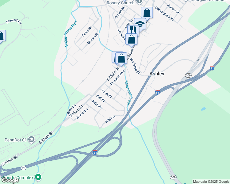 map of restaurants, bars, coffee shops, grocery stores, and more near Wyoming Street in Ashley
